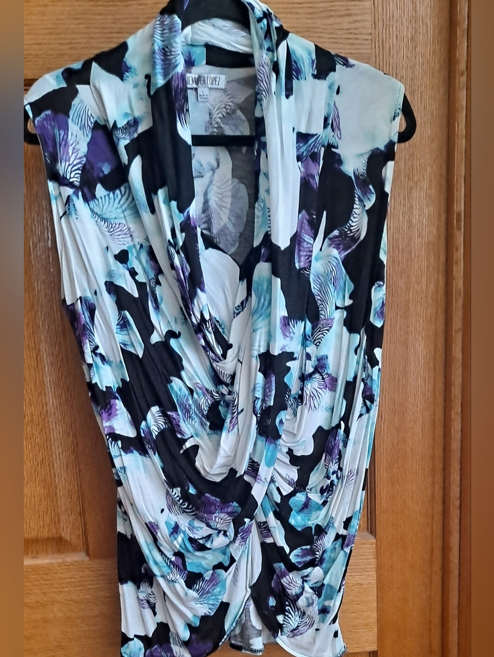 Jennifer Lopez Tropical Drape Front Top - Black & Aqua Tropical - Picture 2 of 6